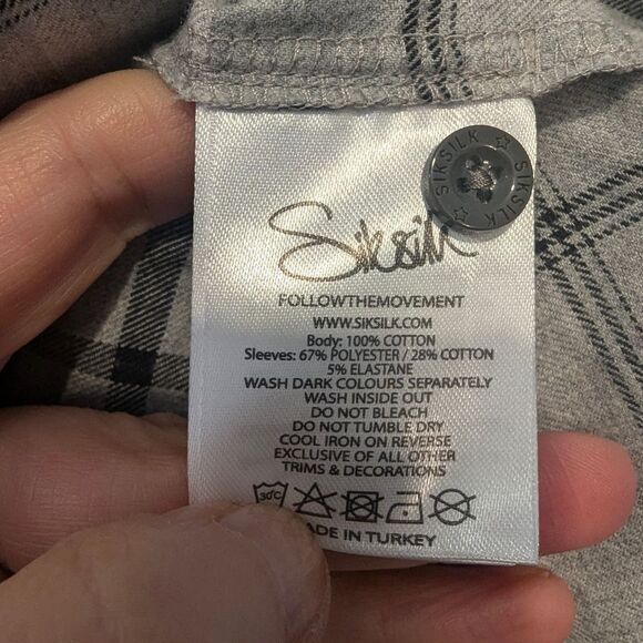 SikSilk flannel check grandad collar shirt contrast Gray Plaid Button-Up L - Picture 10 of 10